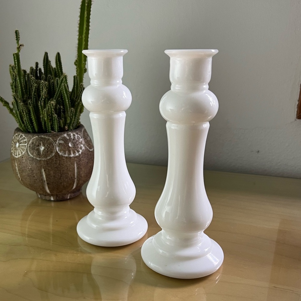 Set of 2 Vintage E.O. Brody Co. Milk Glass 8in candle stick holders